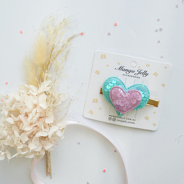 Handmade Sparkly love shaped hair clips -Blue