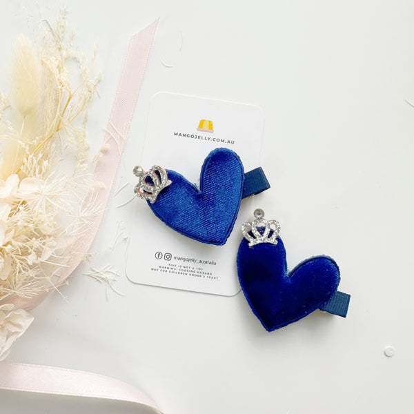 Velvet heart hair clips - Navy