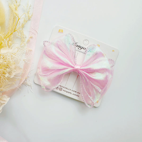 Large Iridescent ribbon bow clips - Pink