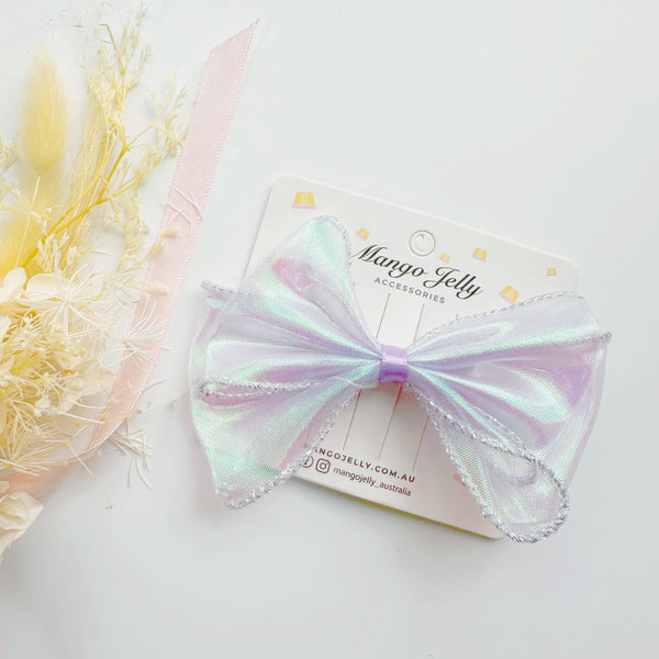 Large Iridescent ribbon bow clips - Lilac