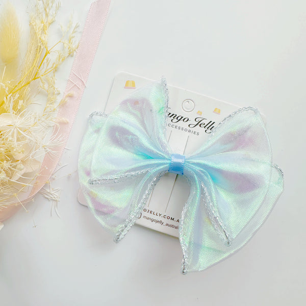 Large Iridescent ribbon bow clips - Blue