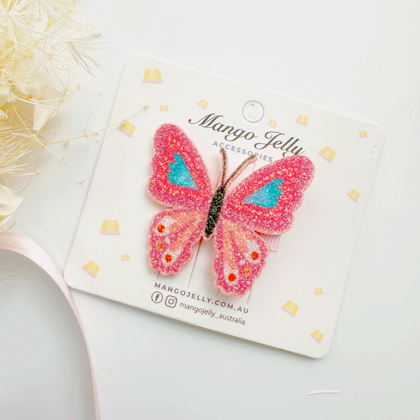 Glittery faux leather hair clips - Butterfly Pink