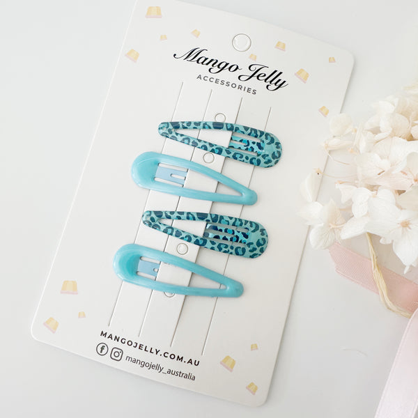 Hair clips - gel coated 4 pcs set - Leopard blue