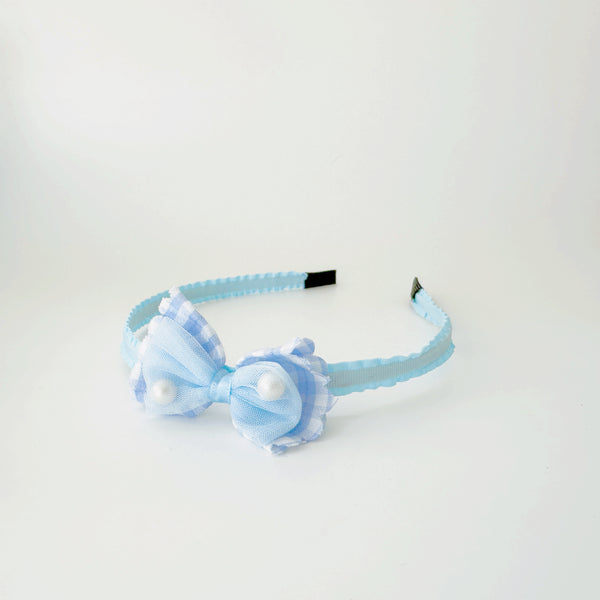 Kids Headband - Check bow with pearl BLUE