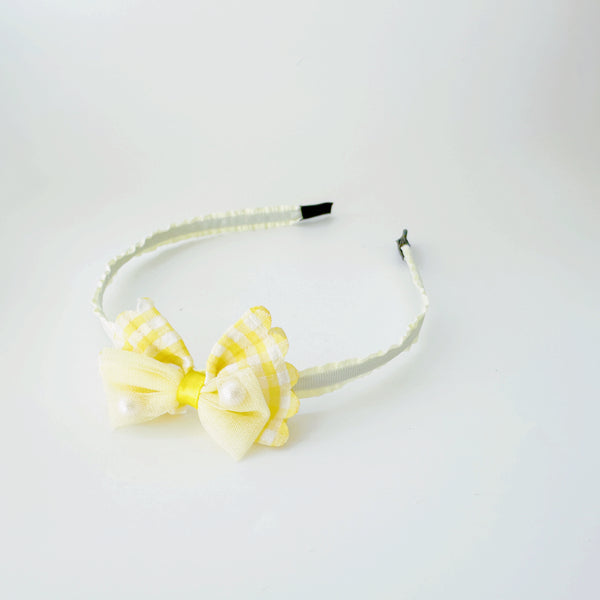 Kids Headband - Check bow with pearl YELLOW