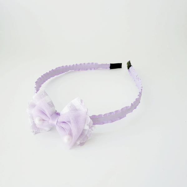 Kids Headband - Check bow with pearl Lilac