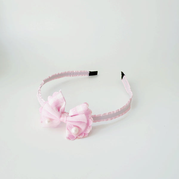 Kids Headband - Check bow with pearl Pink