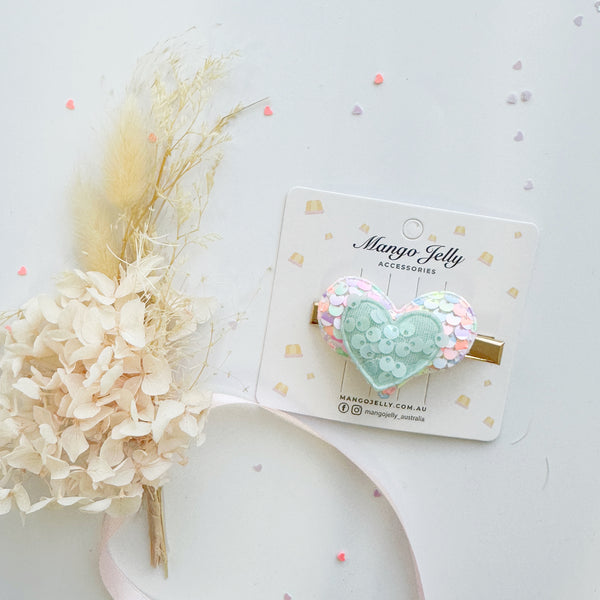 Handmade Sparkly love shaped hair clips - Pastel