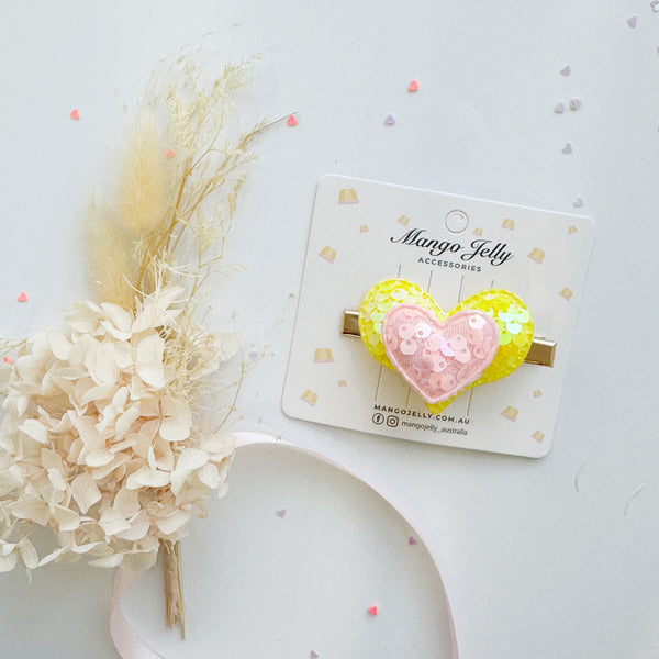 Handmade Sparkly love shaped hair clips -Yellow