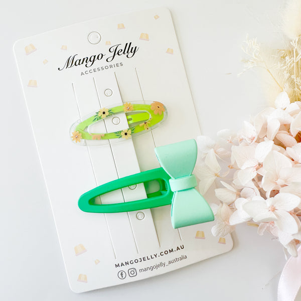 Cute bow clips with matching flower snaps - Green